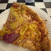 Two slices of the vegan pizza   at Pizza Works - Ballston Spa in Ballston Spa