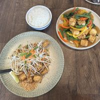 Pad Thai, pad ka pao and side of coconut rice  at Siam Le Bien Thai Cuisine in Burnaby