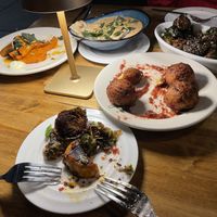 Vegan hush puppies, Brussels, soup, and sweet potato  at Vue Wadsworth in Wadsworth