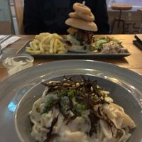 Carbonara pasta and steakhouse stack   at The Tree Rooms in Newcastle Upon Tyne