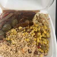 Vegan peeper steak and sides   at 10 Fiyahside Island Grill in Hot Springs