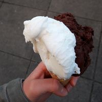 Schokoladeneis mit Zitroneneis in veganer Waffel 😍 at Cafe Kaiserbau in Stuttgart