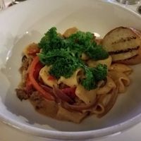 Rigatoni with vegan salsiccia, mushrooms, peppers, and kale. Made vegan using coconut cream instead of cajun cream (and no cheese). at Small Batch in St Louis