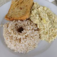 Monochromatic main plate: brown rice, tarwi, and a tofu patty at Sayel in Lima