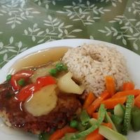 Soy pattie with mango topping at Sayel in Lima