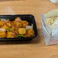 Orange tofu + rice at Good China Star in Yucca Valley