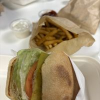 Vegan burger and fries   at Cool Cat Express in Lahaina
