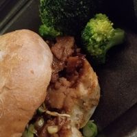 shaved BBQ seitan sandwich with vinegar coleslaw + roasted broccoli at True BBQ and Whiskey Bar in Munster
