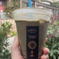 Hojicha Latte with Oat Milk (and lightly sweetened with maple)  at Forest Tea Bar in Berkeley