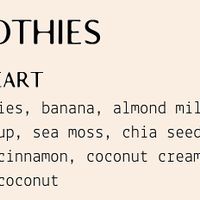 Strawberries, banana, almond milk, maple syrup, sea moss, chia seeds, coconut cream, shredded coconut  at Soulspace Cafe in Grass Valley