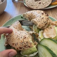 Bagel with vegan chicken, cream cheese and avocado!   at Bagels & Beans - Overtoom in Amsterdam