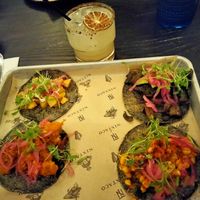 L to R, top to bottom. Potato, Mushrooms, Cauliflower, Corn. Above. Chef's Margarita at Nixtaco Folsom in Folsom