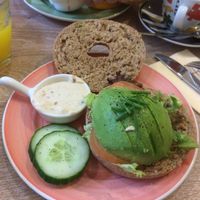 With vegan red pepper cream cheese  at Bagels & Beans - Van Baerlestraat in Amsterdam