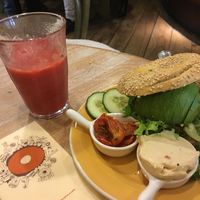 Vegan bellpepper cream cheese with Tomato and avocado on sesame bagel  at Bagels & Beans - Van Baerlestraat in Amsterdam