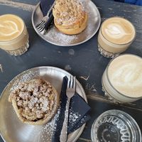Chai Soy Latte, Oat Cappucino and cinnamon bun   at Bruno in Stuttgart