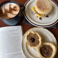 Chai latte, breakfast sandwich 🥪 & chocolate🍫/pecan tarts 🥧! ALL DELICIOUS!!  at Earth's Refillery Coop in Edmonton