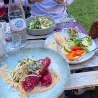 Outside table and children's dish with additional olives.  at Die FETTE BEETE in Krefeld