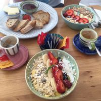 Mango and Berry smoothie bowls and toast, great espresso! at Casa e Bottega Positano in Positano