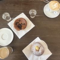 Tortino cioccolato e banana senza glutine, bombolone alla crema  at Breaking Bread Bistrot in Rome