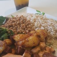 Carne, yellow plantains, lentils, and brown rice.  at VLife in New York City