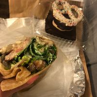 Eggplant extraordinaire and white chocolate pretzel brownie at VLife in New York City