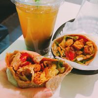 Mango bubble tea & cajun curry wrap  at VLife in New York City