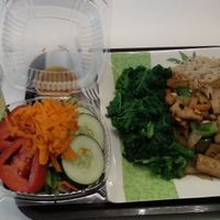 Spicy Kung Pao Rice Bowl, with side salad (with carrot ginger dressing), and lemonade at VLife in New York City