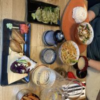 Black bean, miso soup, wok-fried noodles, yasai gyoza, inari nigiri, vegetable temaki  at Suki Japanese and Asian Cuisine in Cork