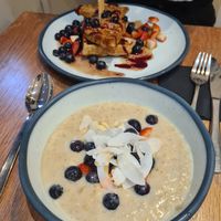 Porridge and gluten free waffles at Kin Cafe Vegetarian in London