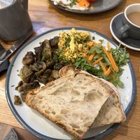 Vegan tofu scramble and mushrooms on toast   at Kin Cafe Vegetarian in London