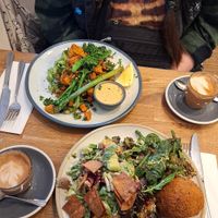 3 salads + aranchini ball, sweet potato and tofu hash at Kin Cafe Vegetarian in London