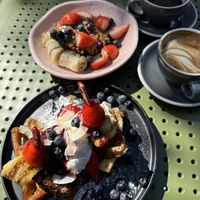 Waffles and Açai bowl   at Kin Cafe Vegetarian in London