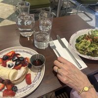 Pancakes and 3 salads  at Kin Cafe Vegetarian in London