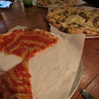 tomato pie and vegan pizza of the week (potato, parsnip cream, caramelized leeks, pine nut and hazelnut agrodolce) at Tinder Hearth in Brooksville