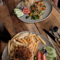 Vegan Meatballs with vegetables and french fries + potato salad at Bamboo Restaurant & Bamboo Bar (by Koh Kood Garden House) in Trat
