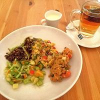 Wakame salad, cous cous and lentils. Tea with soy milk at BlissTray in Tallinn