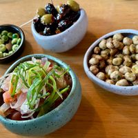 Larb Chickpea Crunch:
Kikkererwten met pittige Thaise kruiden € 6,5 -
Gochujang Olives: Olijven gemarineerd in Koreaanse chillipasta, look en sesam € 5,5 - Seasonal Kimchi:  at YUSU in Ghent