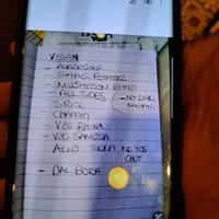 list of vegan options (provided by waitress) at Desh in West Malling