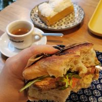 Foccaccia with tofu. Background cafe macchiato and lemon pie. at Cafè Karalis - Sardinialainen caffetteria in Pirkanmaa