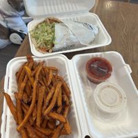 pita and sweet potato fries…and a hybrid pig/dog/cow in the pic who scammed some fries off of me  at Greens and Grains in Boca Raton