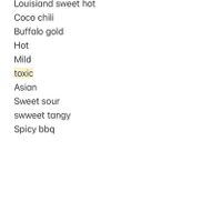 the list of vegan sauce flavors at Toxic Wings North Babylon in North Babylon