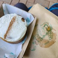 Cinnamon scroll with cream cheese icing at Belén Plant Bakery in Wellington Region