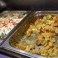 Pasta with spinachs, potatoes with carrots at Jardim dos Sentidos in Lisbon