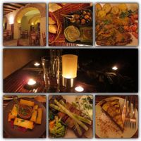 Seitan steak, spring rolls, kabobs, apple pie, and a romantic power outage leading to candles everywhere. at Jardim dos Sentidos in Lisbon