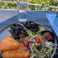 Blue Lagoon’s great selection brunch with tonkatsu mushrooms, avocado, toast, great side salad, hash browns and chutney  at Blue Lagoon Bar and Eatery in Whitianga