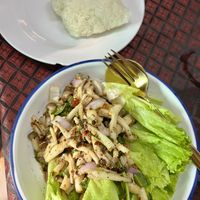 Larb straw mushrooms and sticky rice   at Auntie Tim's Pork Leg Rice in Bangkok