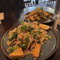 Vegan fried rice with Tofu and vegan stir fried garlic   at Lamoon Royal Thai in Hobart