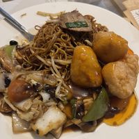 Mixed veg in black bean, vegan beef chow mein, vegan sweet and sour chicken balls  at Peninsular Cantonese Takeaway in Tamworth