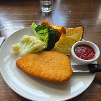 Vegan schnitzel, tomato sauce, plain steamed veg. at Cowboys Leagues Club in Townsville