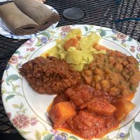 Misir watt, Atikeltt, Dinich watt, Shimbera watt with teff injera  at Blue Nile Cafe in Kansas City